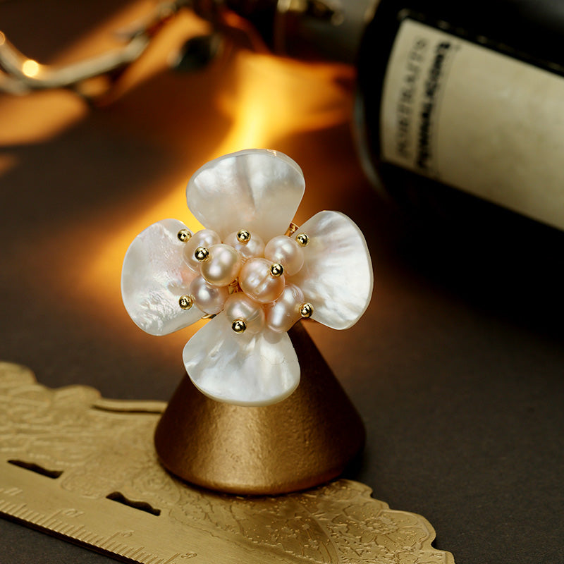 S2117R1 pearl Flower adjustable one-size-fits-all engagement rings fine handmade gifts