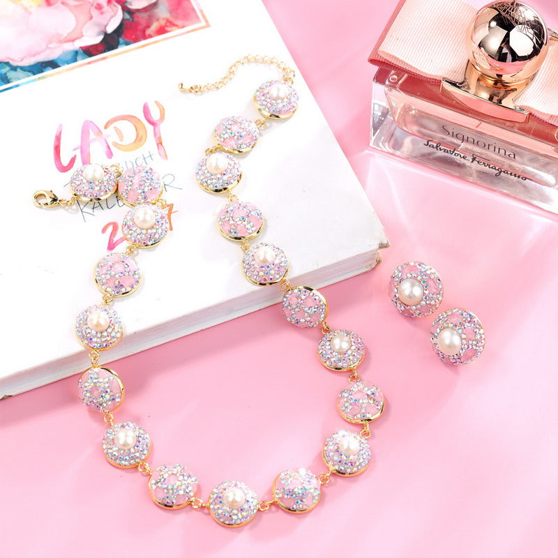 S1949S1 pearl Pure Rose Quartz Sweater Chain Long necklace earrings set fine handmade gifts