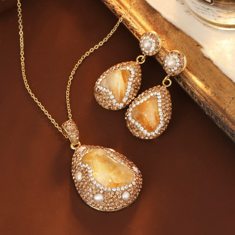S1946S1 Pearl Pure Citrine Necklace Earring Set fine handmade gifts