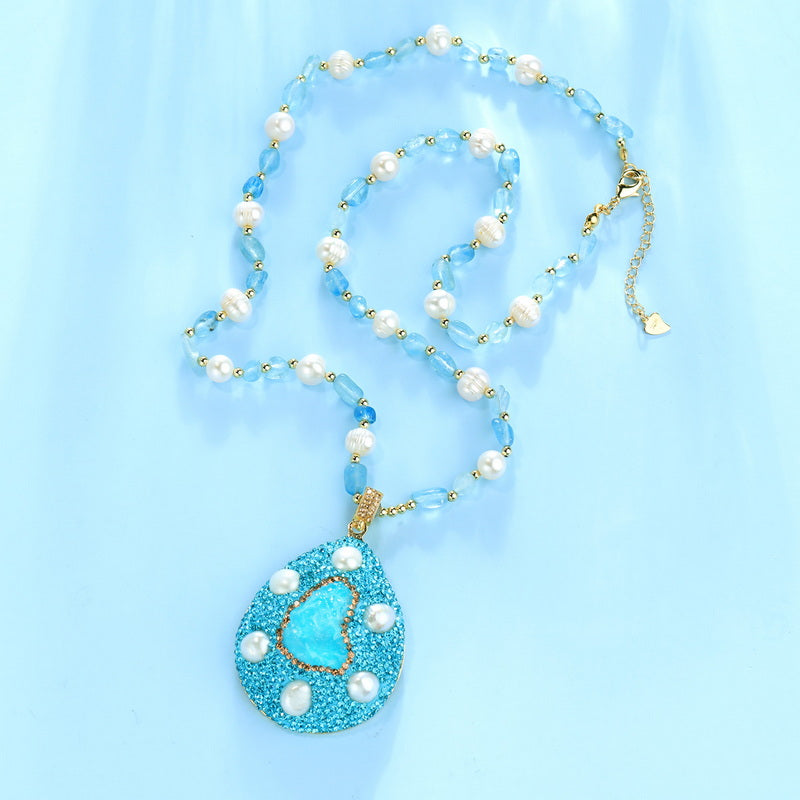 S2574N1 Aquamarine pearl Sweater Chain Long Necklace Choker fine handmade gifts