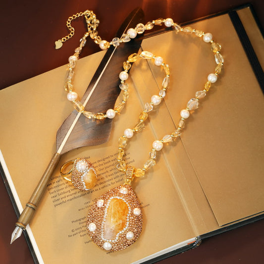 S1948S1 Pure citrine pearl Sweater Chain Long necklace adjustable ring set fine handmade gifts