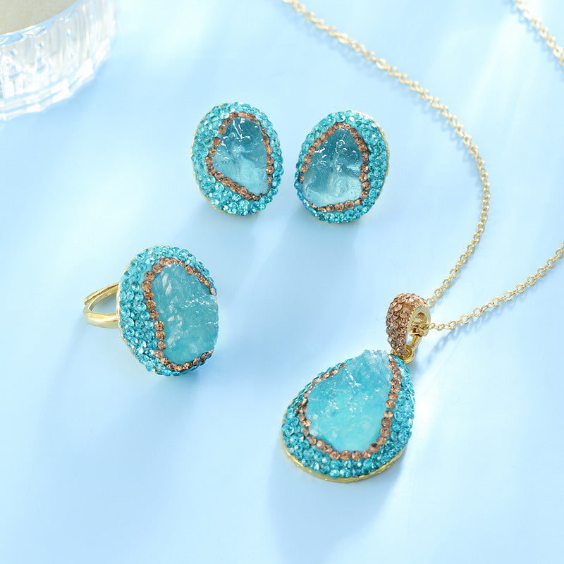 S1921S1 Pure Aquamarine Ring Sweater Chain Long Necklace Earring Set fine handmade gifts