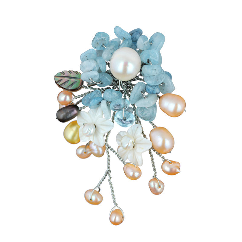 S2028B1 Pearl Aquamarine Flower Brooch Scarf Buckle fine handmade gifts