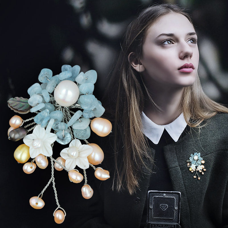 S2028B1 Pearl Aquamarine Flower Brooch Scarf Buckle fine handmade gifts