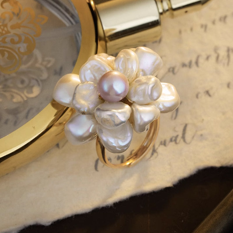 S2037R1 Pearl flower adjustable one-size-fits-all Engagement Rings fine handmade gifts