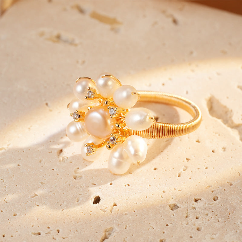 S2042R1 Pearl adjustable one-size-fits-all Flower Engagement Rings fine handmade gifts