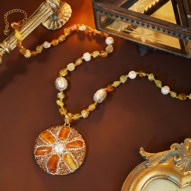 S2616N1 Pure amber pearl yellow opal Sweater Chain Long necklace fine handmade gifts