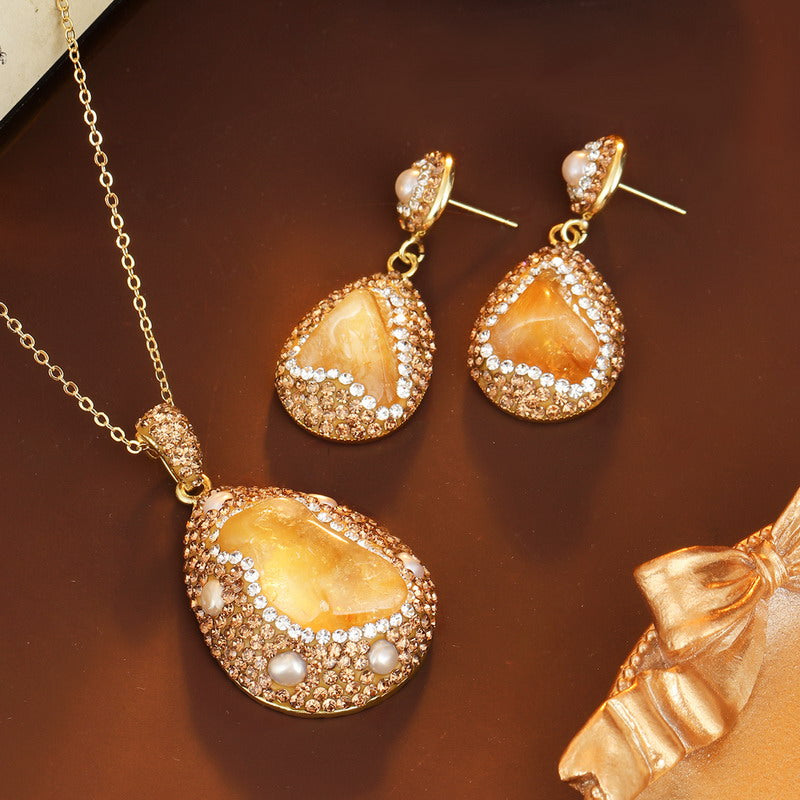 S1946S1 Pearl Pure Citrine Necklace Earring Set fine handmade gifts