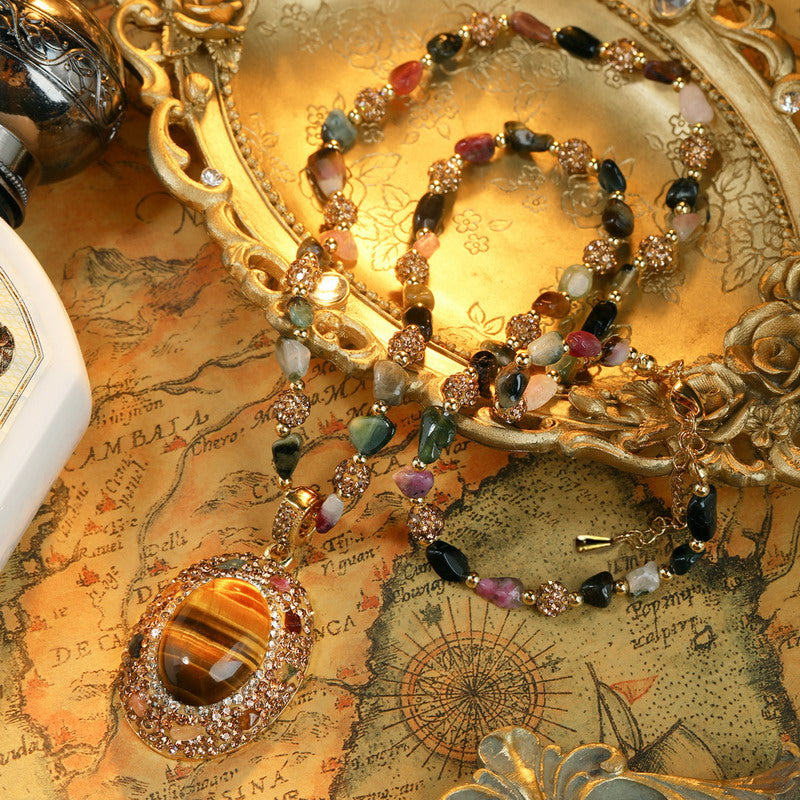S2594N1 Pure Tourmaline Tiger's Eye Long Necklace Sweater chain fine handmade gifts