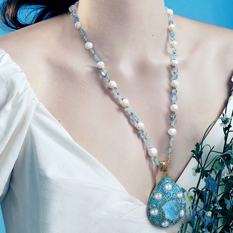 S2574N1 Aquamarine pearl Sweater Chain Long Necklace Choker fine handmade gifts