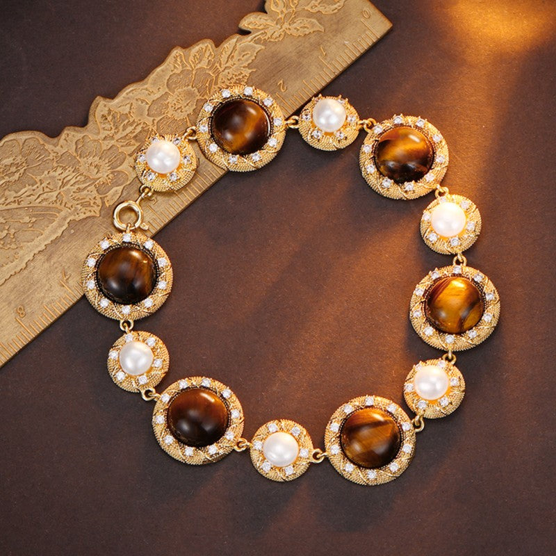 S2298C1 Tiger's Eye Pearl Bracelet Bangle Hand Chain fine handmade gifts
