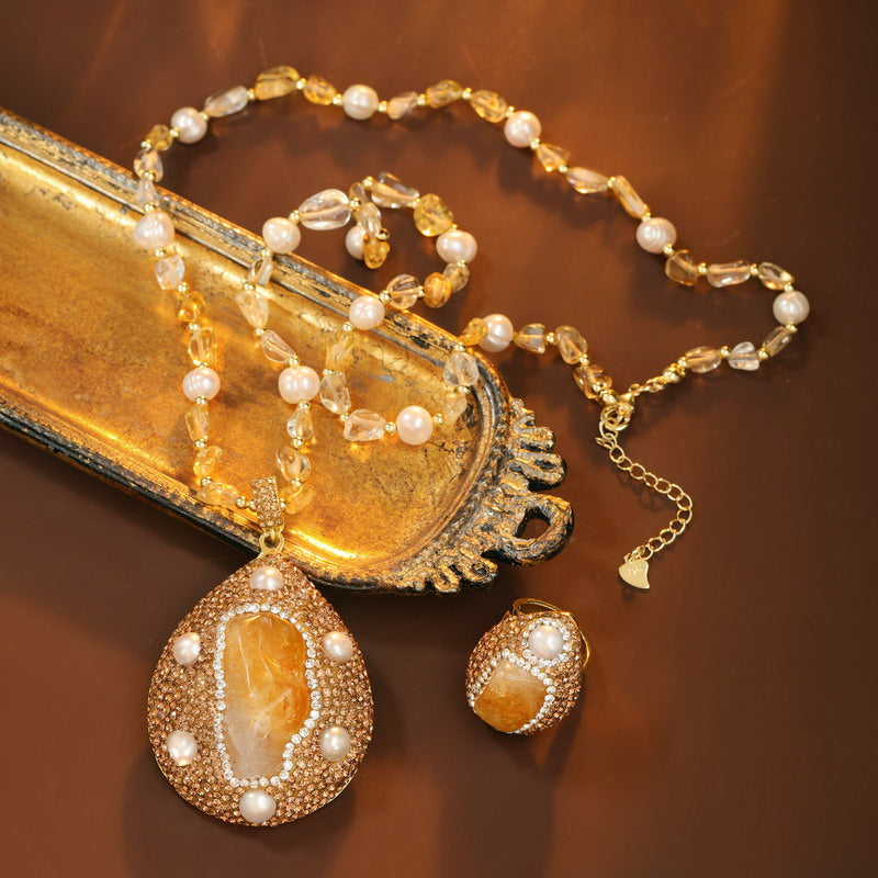 S1948S1 Pure citrine pearl Sweater Chain Long necklace adjustable ring set fine handmade gifts