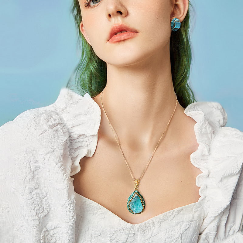 S1921S1 Pure Aquamarine Ring Sweater Chain Long Necklace Earring Set fine handmade gifts