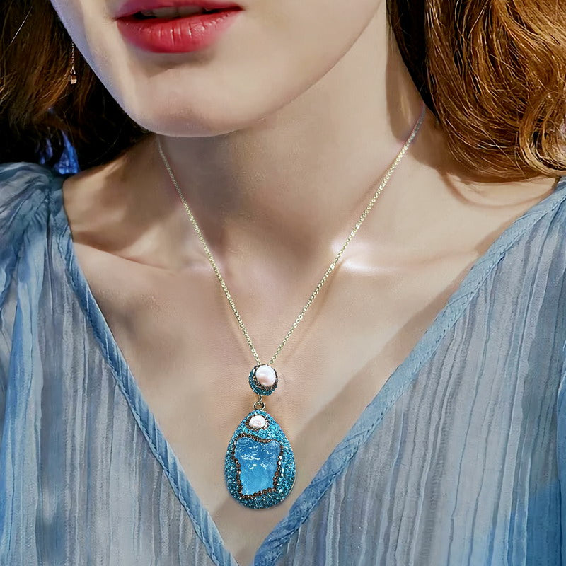 S2573N1 pearl aquamarine Sweater Chain Long Necklace fine handmade gifts