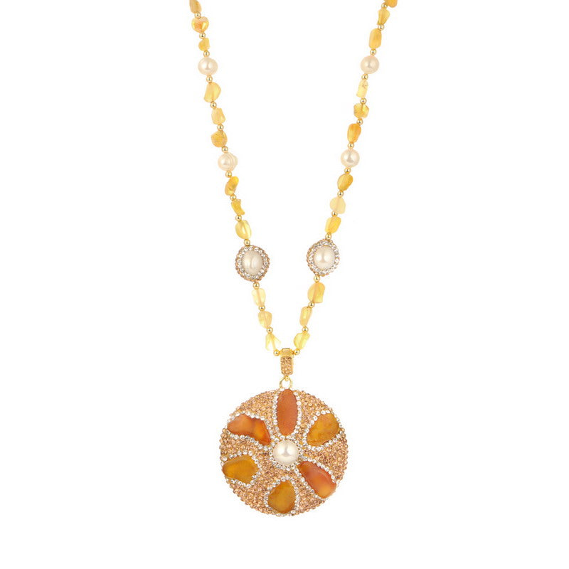S2616N1 Pure amber pearl yellow opal Sweater Chain Long necklace fine handmade gifts