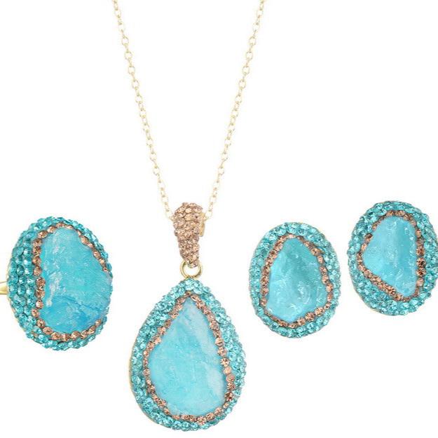 S1921S1 Pure Aquamarine Ring Sweater Chain Long Necklace Earring Set fine handmade gifts