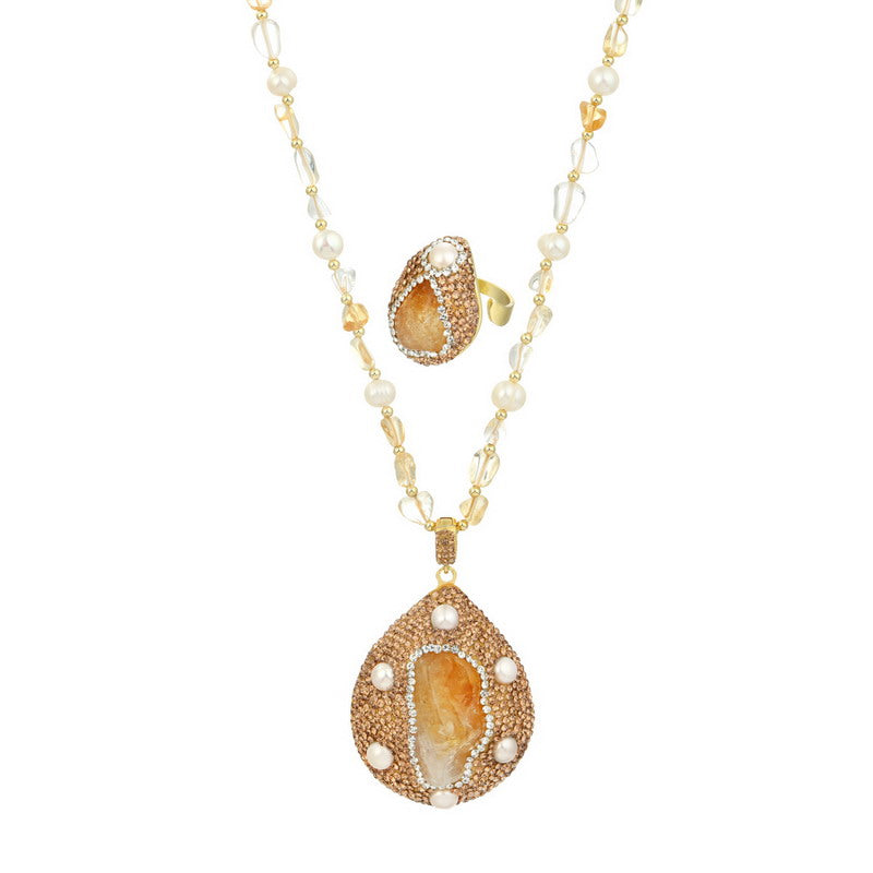 S1948S1 Pure citrine pearl Sweater Chain Long necklace adjustable ring set fine handmade gifts