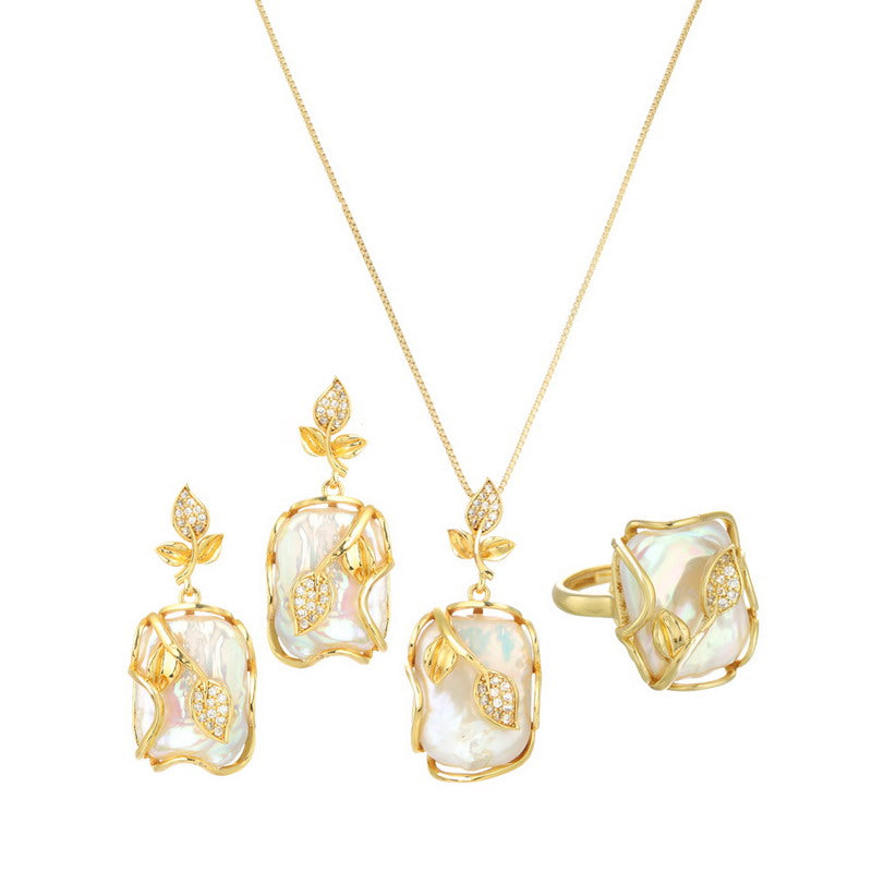 S1939S1 Pearl Ring Earring Sweater Chain Long Necklace Set fine handmade gifts