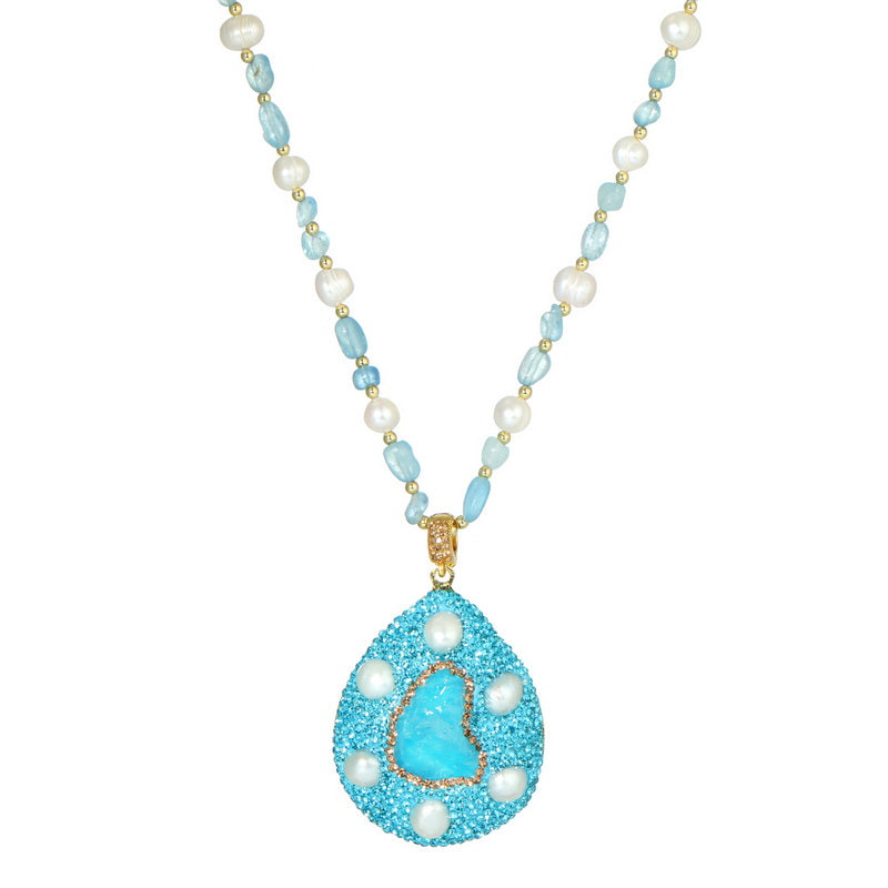 S2574N1 Aquamarine pearl Sweater Chain Long Necklace Choker fine handmade gifts