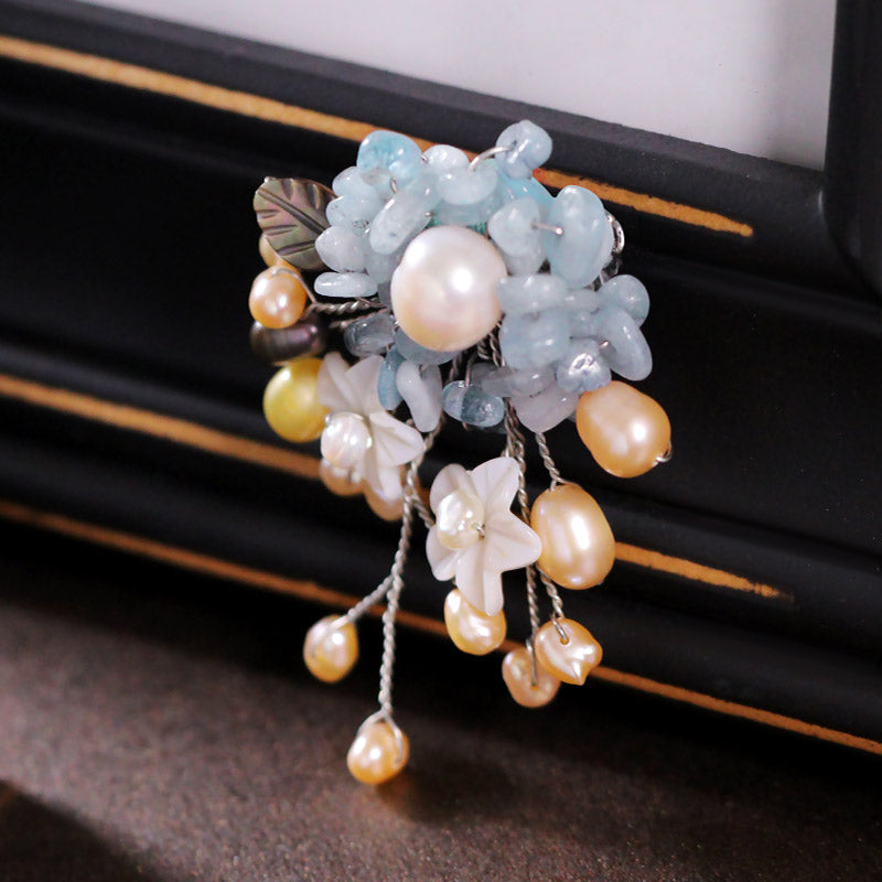 S2028B1 Pearl Aquamarine Flower Brooch Scarf Buckle fine handmade gifts