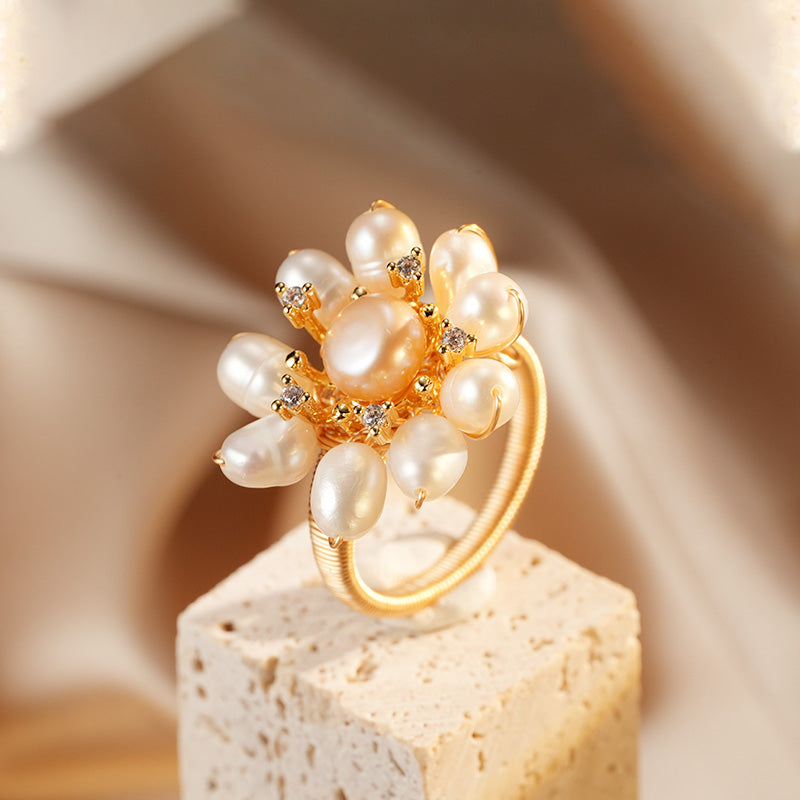 S2042R1 Pearl adjustable one-size-fits-all Flower Engagement Rings fine handmade gifts