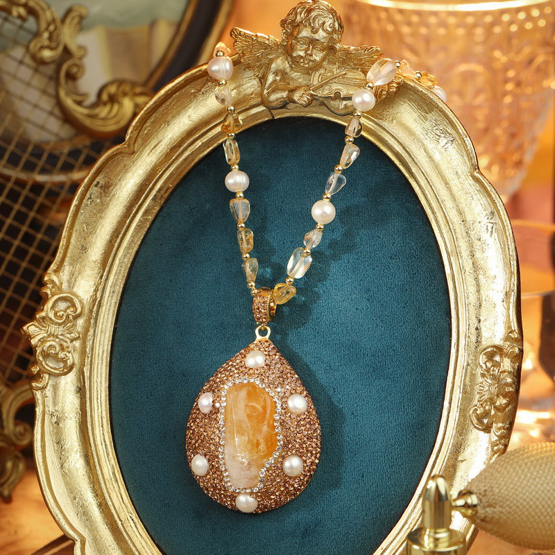 S1948S1 Pure citrine pearl Sweater Chain Long necklace adjustable ring set fine handmade gifts