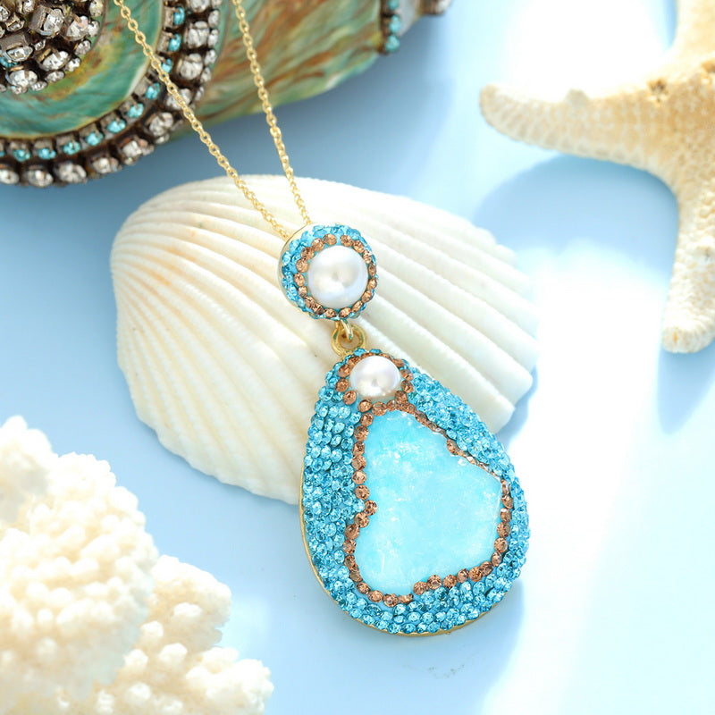 S2573N1 pearl aquamarine Sweater Chain Long Necklace fine handmade gifts