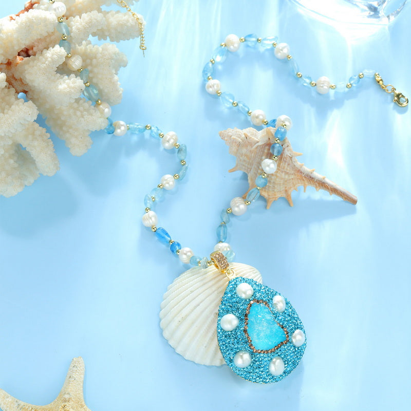 S2574N1 Aquamarine pearl Sweater Chain Long Necklace Choker fine handmade gifts