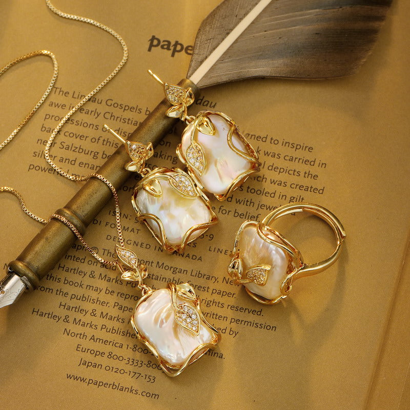 S1939S1 Pearl Ring Earring Sweater Chain Long Necklace Set fine handmade gifts
