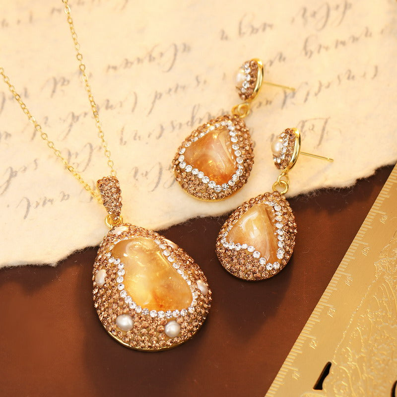 S1946S1 Pearl Pure Citrine Necklace Earring Set fine handmade gifts