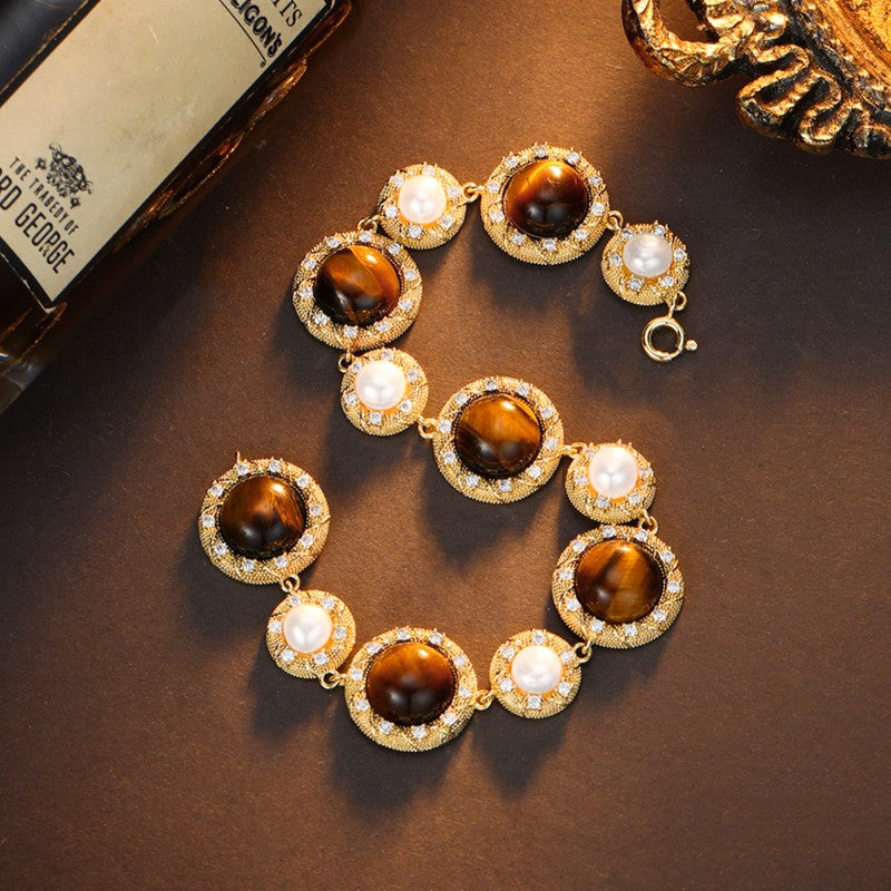 S2298C1 Tiger's Eye Pearl Bracelet Bangle Hand Chain fine handmade gifts