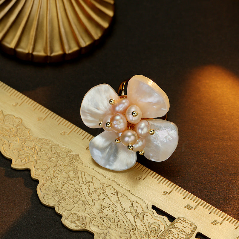 S2117R1 pearl Flower adjustable one-size-fits-all engagement rings fine handmade gifts