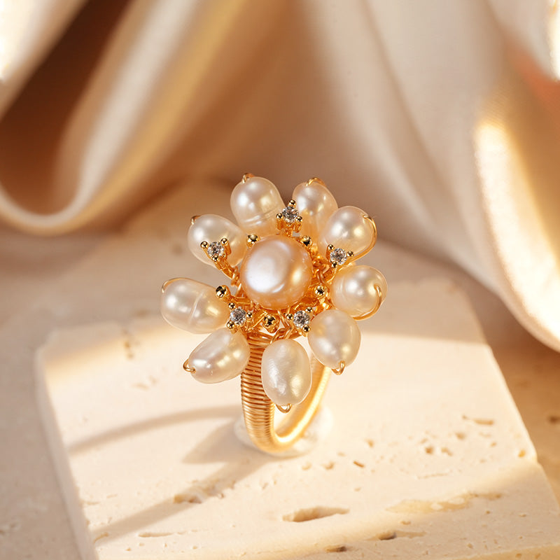 S2042R1 Pearl adjustable one-size-fits-all Flower Engagement Rings fine handmade gifts