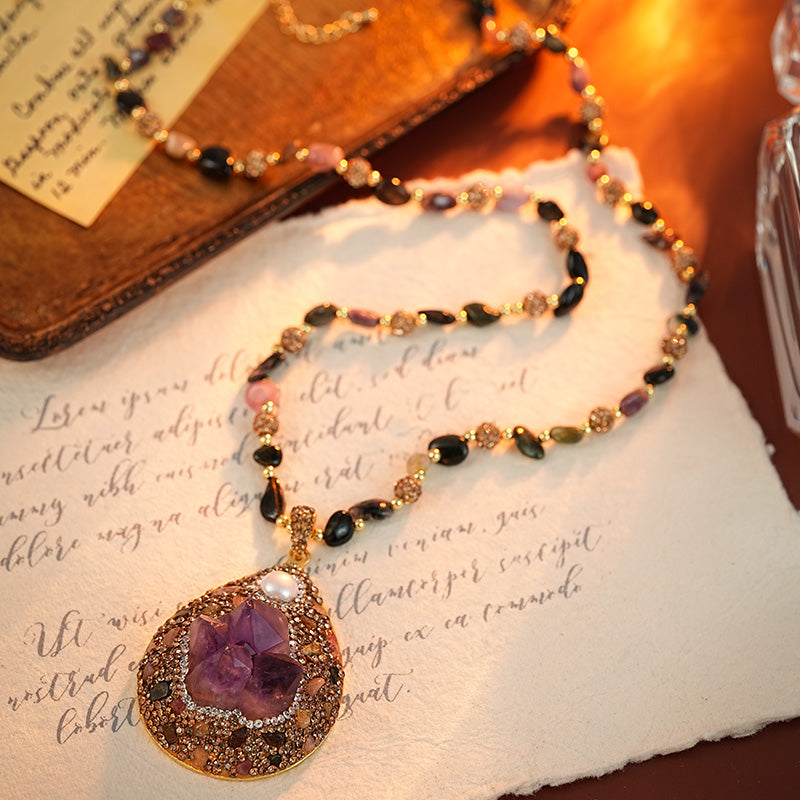 S2680N1 Pure Amethyst Pearl Tourmaline Sweater Chain Long Necklace fine handmade gifts