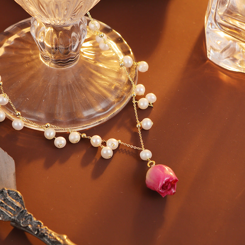 S2370N1 Pearl Flower Rose Long Necklace Choker necklace fine handmade gifts