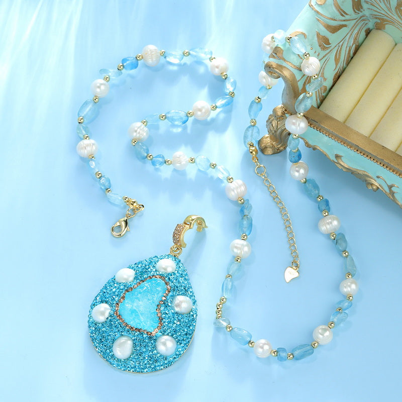 S2574N1 Aquamarine pearl Sweater Chain Long Necklace Choker fine handmade gifts