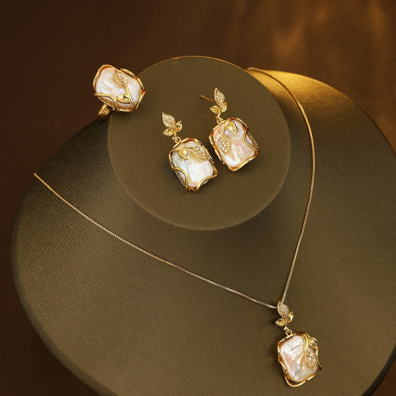 S1939S1 Pearl Ring Earring Sweater Chain Long Necklace Set fine handmade gifts