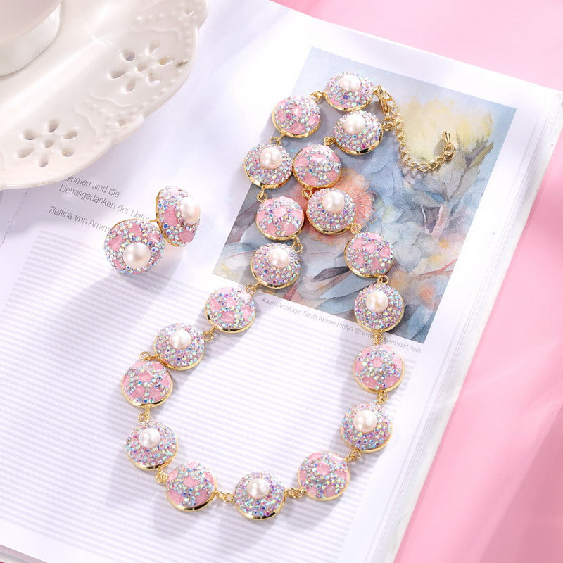 S1949S1 pearl Pure Rose Quartz Sweater Chain Long necklace earrings set fine handmade gifts