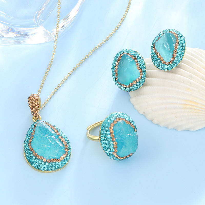 S1921S1 Pure Aquamarine Ring Sweater Chain Long Necklace Earring Set fine handmade gifts