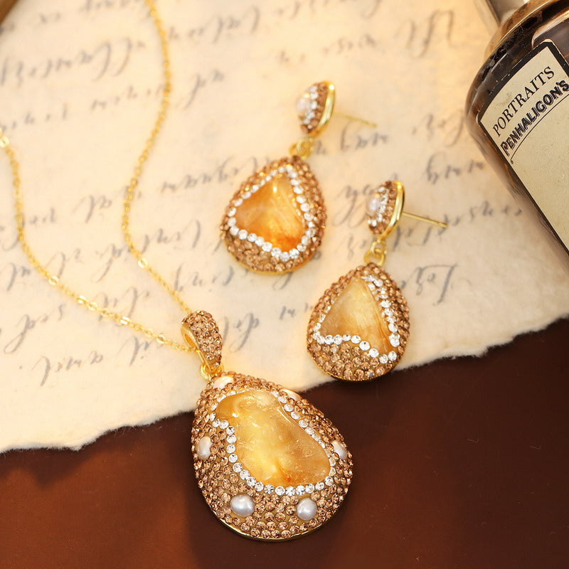 S1946S1 Pearl Pure Citrine Necklace Earring Set fine handmade gifts