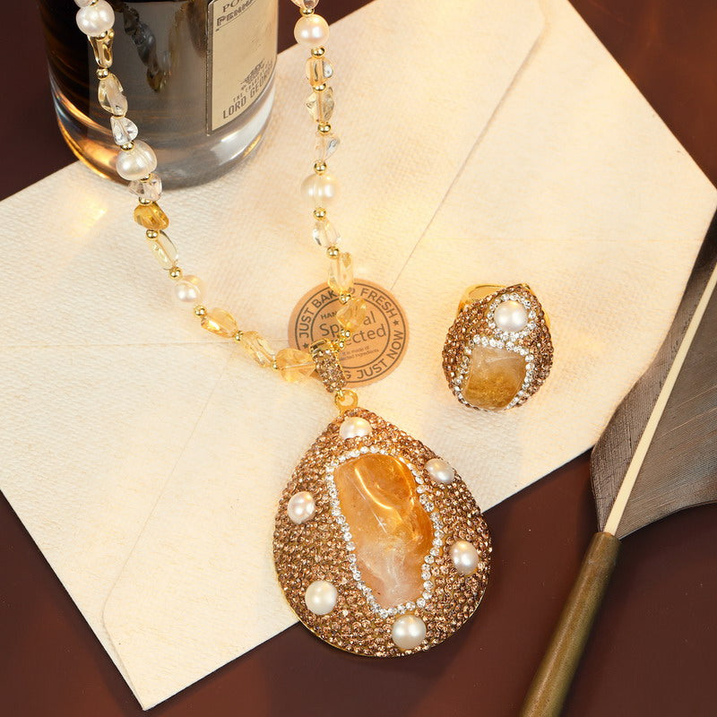 S1948S1 Pure citrine pearl Sweater Chain Long necklace adjustable ring set fine handmade gifts