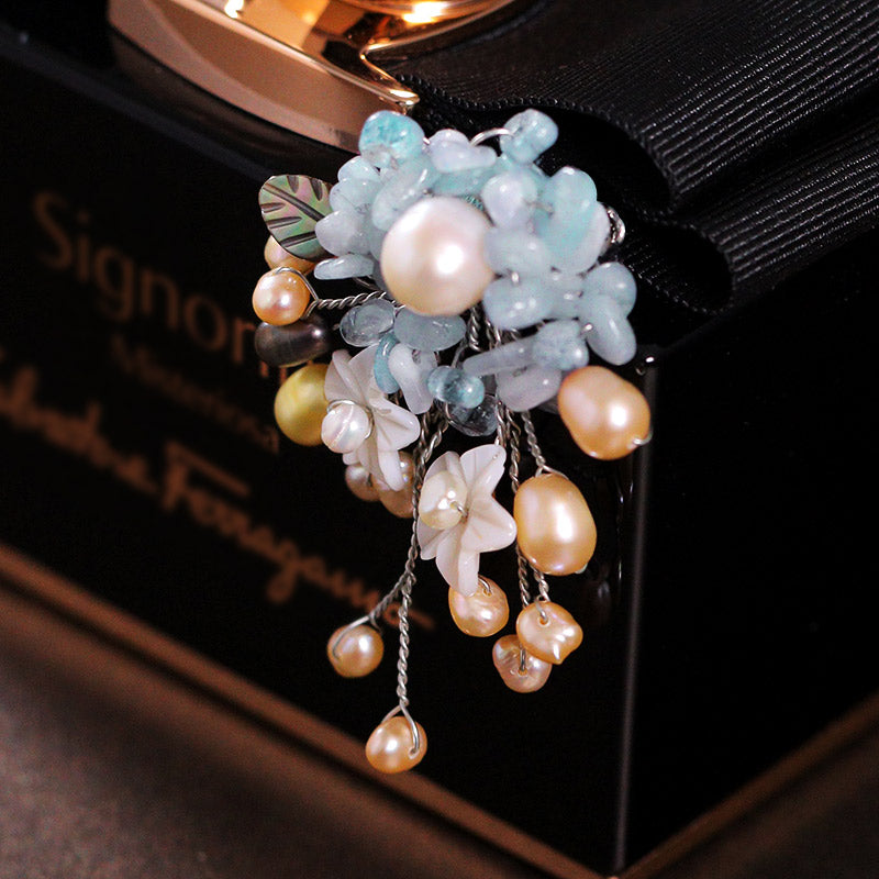 S2028B1 Pearl Aquamarine Flower Brooch Scarf Buckle fine handmade gifts