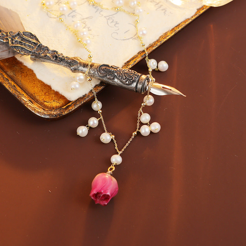 S2370N1 Pearl Flower Rose Long Necklace Choker necklace fine handmade gifts