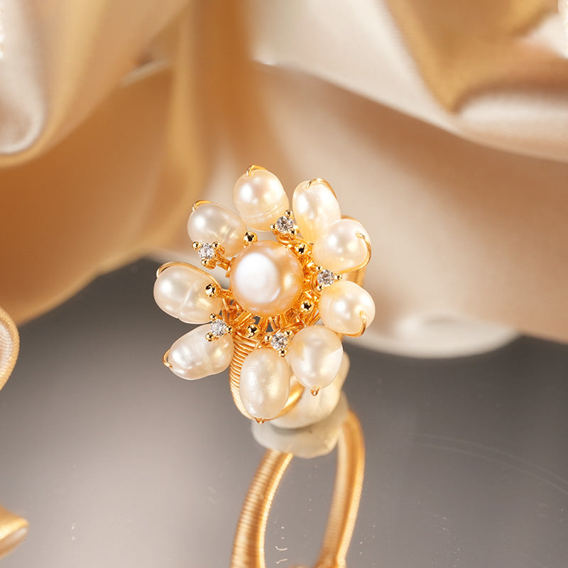S2042R1 Pearl adjustable one-size-fits-all Flower Engagement Rings fine handmade gifts