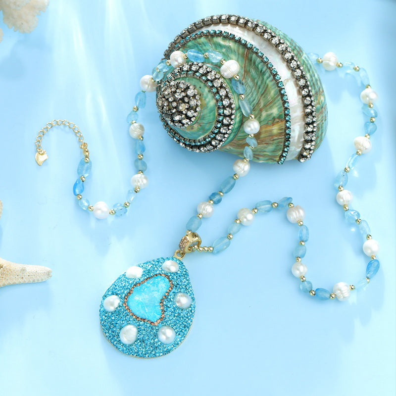 S2574N1 Aquamarine pearl Sweater Chain Long Necklace Choker fine handmade gifts