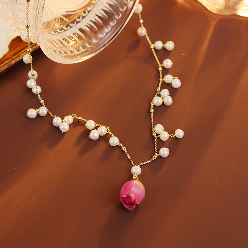 S2370N1 Pearl Flower Rose Long Necklace Choker necklace fine handmade gifts