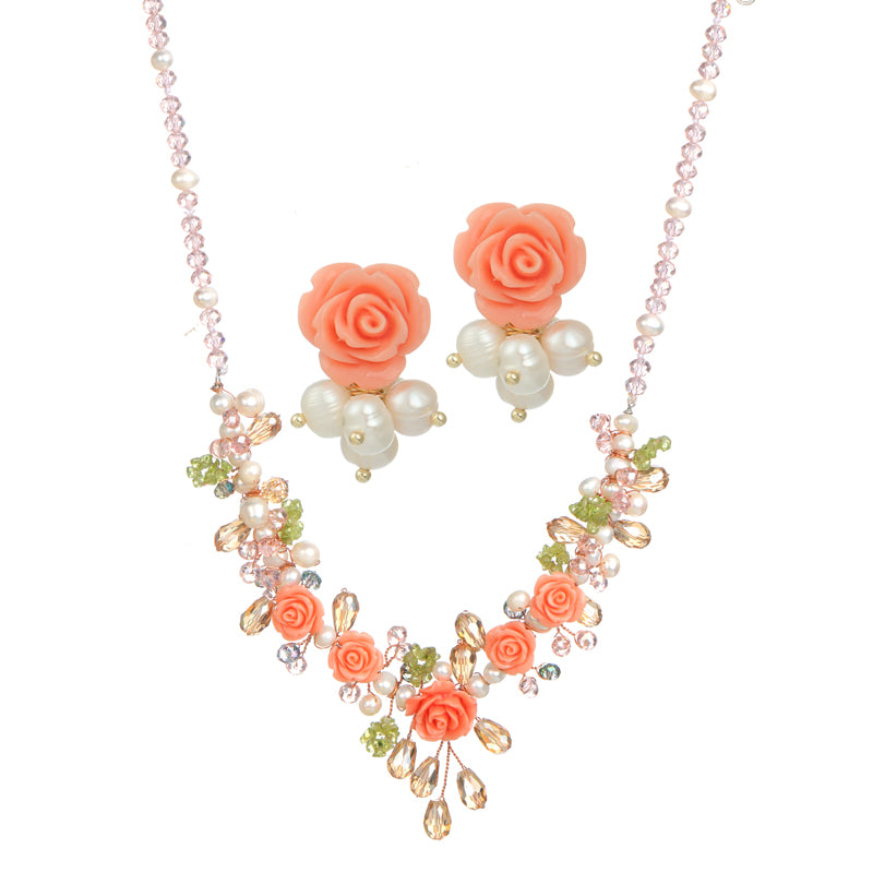 S1923S2 Pearl Flower necklace earrings suit fine handmade gifts