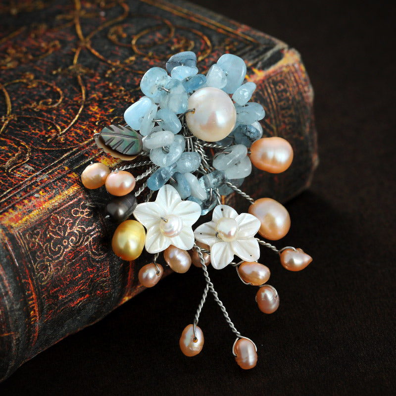 S2028B1 Pearl Aquamarine Flower Brooch Scarf Buckle fine handmade gifts