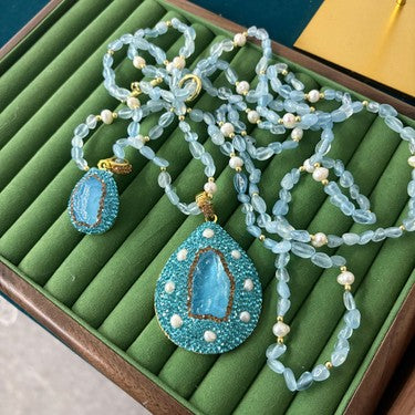 S2862N1 Aquamarine Pearl Sweater Chain Long Necklace Choker fashion handmade gifts