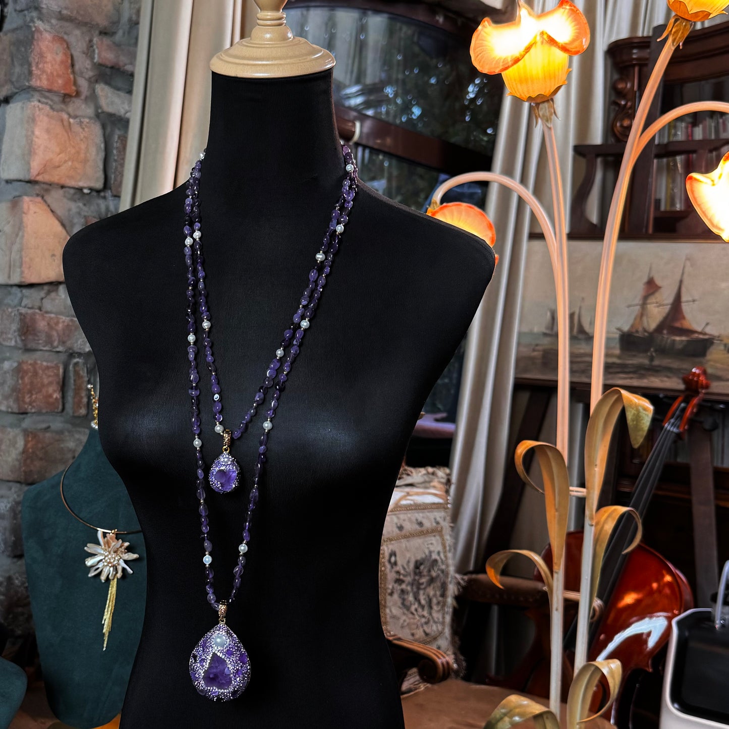 S2860N1 Amethyst Pearl Sweater Chain Long Necklace Choker fine handmade gifts